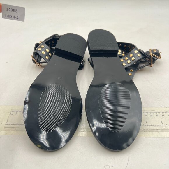 FOWT Black Round Split Toe Sandal Rivet Studded Flat Gladiators Ankle Strap Shoe - Picture 7 of 8